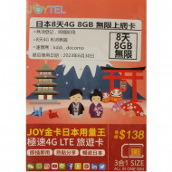 Docomo - JOYTEL 日本 8 天 8GB 数据卡 I 无须登记 I 即插即用 I JOY金卡日本用量王 - 最后使用日期 30/06/2023